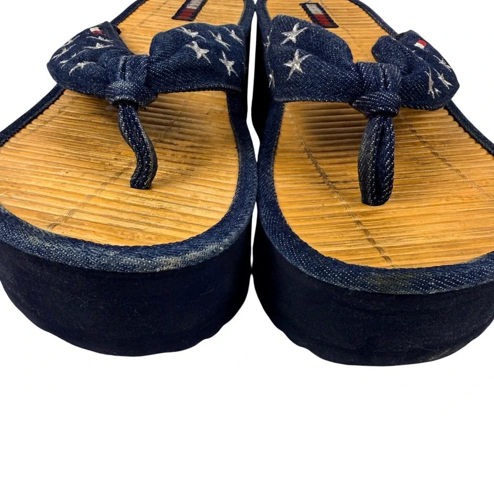Y2K Chunky Tommy Hilfiger Denim Star Platform Flip Flop Sandals Bamboo Straw 8M